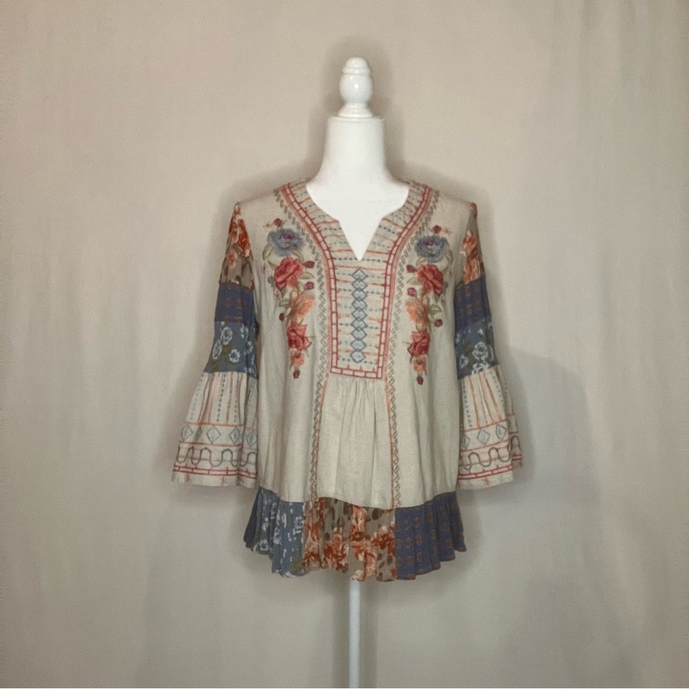Coldwater Creek Floral Embroidered Women's Top Ruffled Peasant Boho Sz XS